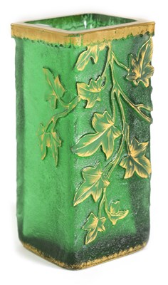 Lot 11 - A DAUM NANCY ART NOUVEAU SQUARE SHAPED GREEN GROUND GLASS VASE