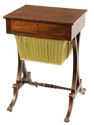 Lot 763 - A REGENCY BRASS INLAID ROSEWOOD SEWING TABLE