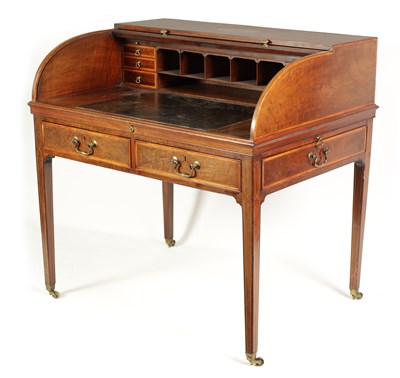 Lot 729 - A GEORGE III INLAID MAHOGANY COUNTRY HOUSE TAMBOUR FRONT DESK STAMPED AND RETAILED BY EDWARD & ROBERTS IN THE 19TH CENTURY