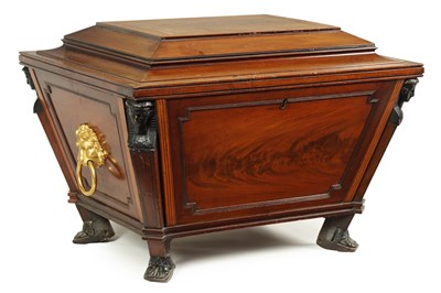 Lot 685 - A GOOD REGENCY INLAID FLAMED MAHOGANY SARCOPHAGUS SHAPED WINE COOLER