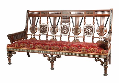Lot 731 - A GOOD LATE 19TH CENTURY ISLAMIC STYLE WALNUT, MOTHER OF PEARL, EBONY AND IVORY INLAID THREE SEATER SETTEE