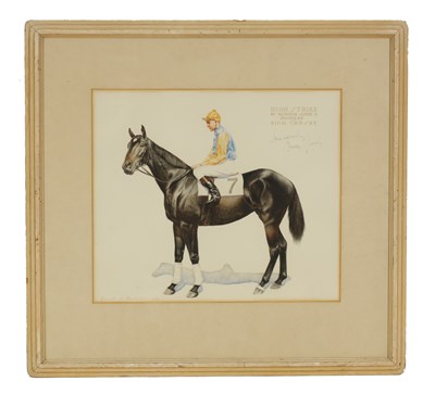 Lot 367 - KENNETH S. MACINTIRE DATED 1938. A 20TH CENTURY WATERCOLOUR OF RACEHORSE AND JOCKEY “HIGH STRIKE OWNED BING CROSBY”