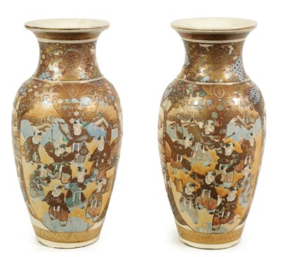 Lot 161 - A PAIR OF JAPANESE MEIJI PERIOD SATSUMA SHOULDERED TAPERING VASES