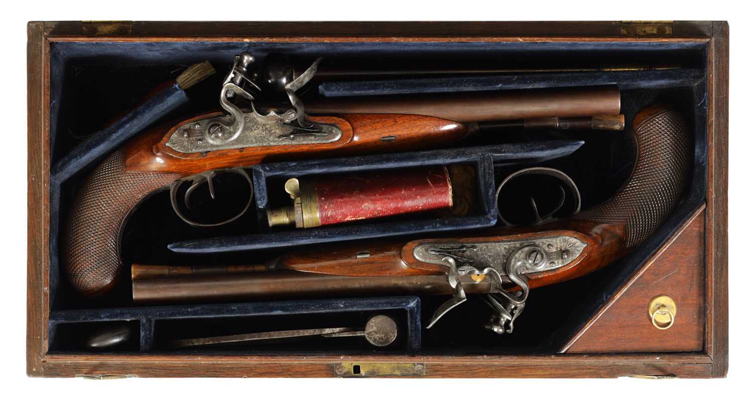 Lot 271 - KNUBLEY, LONDON. A FINE PAIR OF LATE 18TH CENTURY CASED DOUBLE BARREL FLINTLOCK COACHING PISTOLS