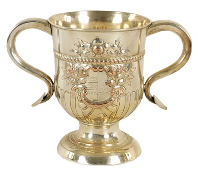 Lot 312 - A LATE GEORGIAN OLD SHEFFIELD PLATE TWO HANDLED TROPHY CUP