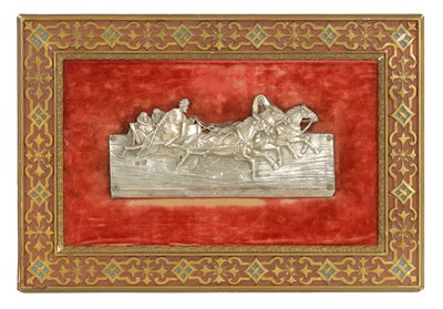Lot 273 - A LATE 19TH CENTURY RUSSIAN SILVER PLAQUE DEPICTING COSSACKS ON A SLAY PULLED BY HORSES