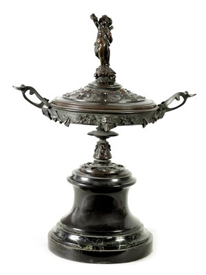 Lot 868 - A 19TH CENTURY BRONZE LIDDED TAZZA