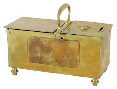 Lot 534 - A 19TH-CENTURY BRASS HONESTY TOBACCO BOX FOR 603 ZETLAND LODGE