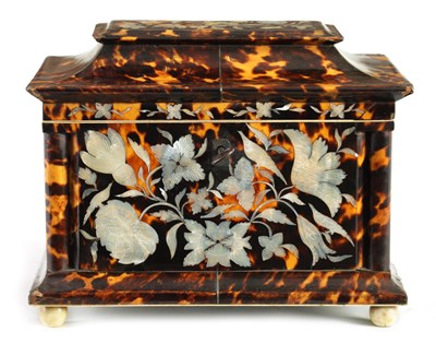 Lot 883 - A FINE 19TH CENTURY MOTHER OF PEARL INLAID TORTOISESHELL TEA CADDY