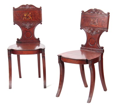 Lot 1280 - A PAIR OF REGENCY MAHOGANY HALL CHAIRS