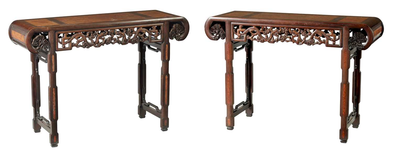 Lot 187 - A PAIR OF 19TH-CENTURY CHINESE HARDWOOD TABLES WITH BURR WOOD PANELS