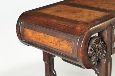 Lot 187 - A PAIR OF 19TH-CENTURY CHINESE HARDWOOD TABLES WITH BURR WOOD PANELS