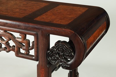 Lot 187 - A PAIR OF 19TH-CENTURY CHINESE HARDWOOD TABLES WITH BURR WOOD PANELS