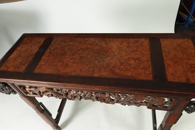 Lot 187 - A PAIR OF 19TH-CENTURY CHINESE HARDWOOD TABLES WITH BURR WOOD PANELS