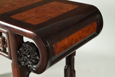 Lot 187 - A PAIR OF 19TH-CENTURY CHINESE HARDWOOD TABLES WITH BURR WOOD PANELS