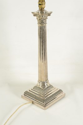 Lot 616 - A LATE 19TH CENTURY SILVER PLATED CORINTHIAN COLUMN TABLE LAMP