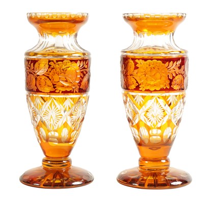 Lot 13 - A PAIR OF BOHEMIAN RED AND AMBER FLASHED CUT GLASS VASES