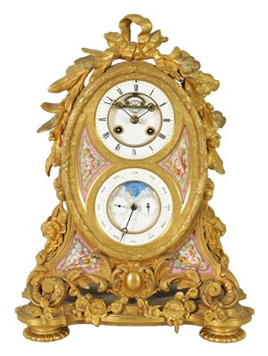 Lot 1238 - A LATE 19TH CENTURY FRENCH ORMOLU AND PORCELAIN PANELLED CALENDAR CLOCK