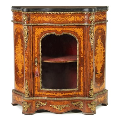 Lot 1409 - A FINE 19TH CENTURY ORMOLU MOUNTED WALNUT AND FLORAL MARQUETRY INLAID SERPENTINE SIDE CABINET