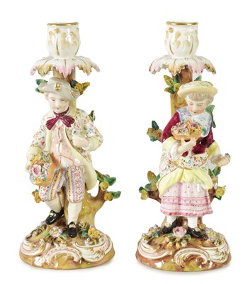 Lot 119 - A PAIR OF 19TH CENTURY JOHN BEVINGTON FLORALLY ENCRUSTED FIGURAL CANDLESTICKS