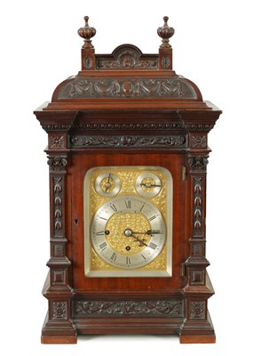 Lot 1156 - A SMALL LATE 19TH CENTURY MAHOGANY TRIPLE FUSEE QUARTER CHIMING BRACKET CLOCK