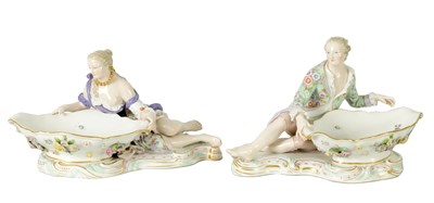 Lot 175 - A PAIR OF LATE 19TH CENTURY MEISSEN PORCELAIN FIGURAL SWEETMEAT DISHES