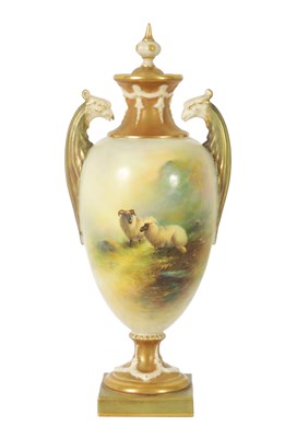 Lot 64 - E.BARKER. A ROYAL WORCESTER RICHLY GILT TWO-HANDLED URN SHAPED PEDESTAL CABINET VASE