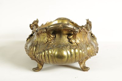 Lot 609 - A 19TH CENTURY FRENCH CAST GILT METAL RECOCO STYLE OVAL TWO-HANDLED SHALLOW JARDINERE AND LINER
