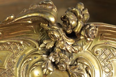 Lot 609 - A 19TH CENTURY FRENCH CAST GILT METAL RECOCO STYLE OVAL TWO-HANDLED SHALLOW JARDINERE AND LINER