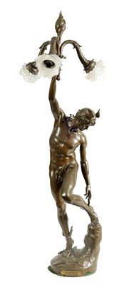 Lot 600 - AFTER RAYMOND SUDRE, PARIS. A LARGE EARLY 20TH CENTURY PATINATED BRONZE FIGURAL LAMP
