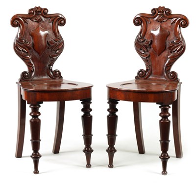 Lot 1346 - A PAIR OF WILLIAM IV MAHOGANY HALL CHAIRS