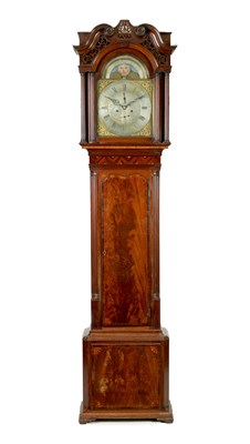 Lot 1112 - HENRY ASPINWALL, LIVERPOOL. A GEORGE III FIGURED MAHOGANY LONGCASE CLOCK