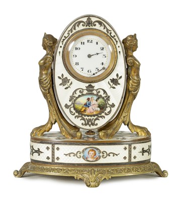 Lot 1053 - A FINE 19TH CENTURY FRENCH MINIATURE ORMOLU AND GUILLOCHE ENAMEL DRESSING TABLE COMPENDIUM WITH CLOCK, REVERSIBLE  MIRROR AND HINGED COMPARTMENT