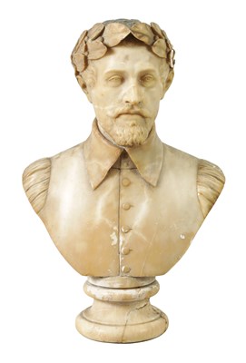 Lot 859 - AN 18TH/19TH CENTURY CARVED ALABASTER BUST OF THE ITALIAN POET TORQUATO TASSO