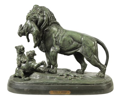 Lot 970 - PAUL EDOUARD DELABRIERRE (1829 - 1912). AN IMPRESSIVE GOOD LATE 19TH CENTURY BRONZE SCULPTURE DEPICTING A FAMILY OF LIONS