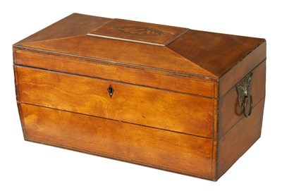 Lot 758 - A GEORGIAN SARCOPHAGUS SHAPED SATINWOOD AND INLAID TEA CADDY