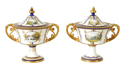 Lot 114 - A FINE PAIR OF ROYAL CROWN DERBY CAMPANA SHAPED TWO-HANDLED PEDESTAL VASES AND COVERS