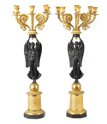 Lot 974 - A LARGE PAIR OF REGENCY FIGURAL BRONZE AND ORMOLU CANDELABRA
