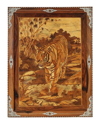 Lot 586 - AN EARLY 20TH CENTURY INDIAN MARQUETRY INLAID HARDWOOD PANEL