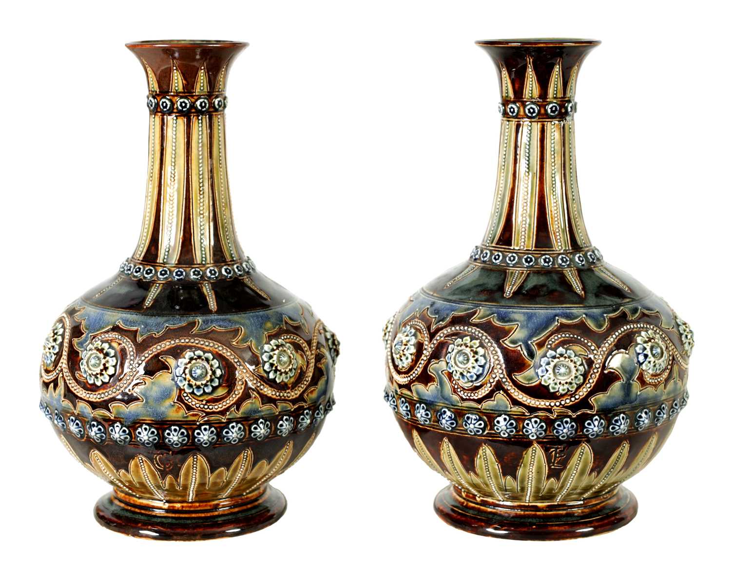 Lot 82 - A GOOD PAIR OF DOULTON LAMBETH FOOTED BULBOUS FLARED NECK VASES BEARING MONOGRAM FOR GEORGE TINWORTH