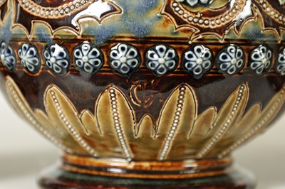 Lot 82 - A GOOD PAIR OF DOULTON LAMBETH FOOTED BULBOUS FLARED NECK VASES BEARING MONOGRAM FOR GEORGE TINWORTH