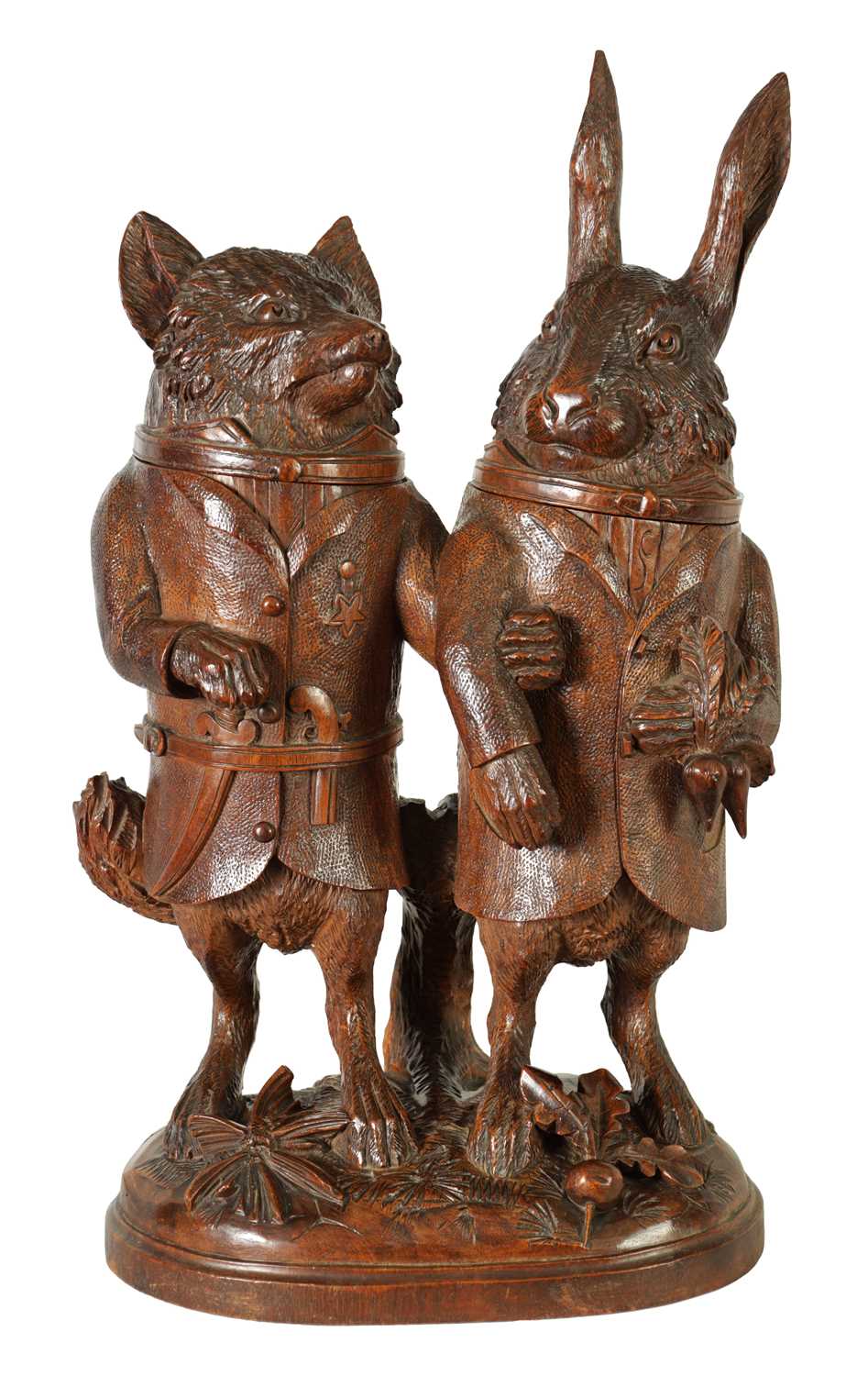 Lot 757 - A LARGE AND RARE 19TH CENTURY BLACK FOREST CARVED LINDEN WOOD TOBACCO JAR FORMED AS A FOX AND HARE