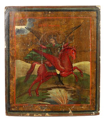 Lot 852 - AN EARLY OIL PAINTING ON PANEL - ICON OF ST MICHAEL ARCHANGEL OF THE APOCALYPSE