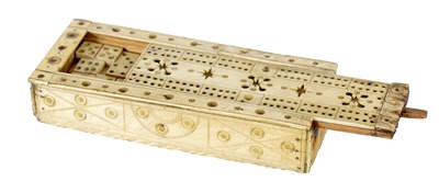 Lot 694 - A 19TH CENTURY CARVED BONE PRISONER OF WAR GAMES BOX