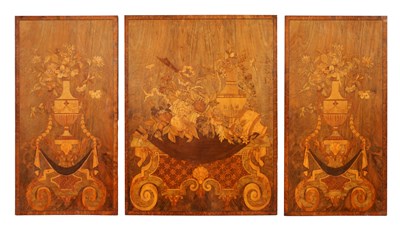 Lot 934 - A SET OF THREE LATE 18TH/EARLY 19TH CENTURY ENGLISH WALNUT AND MARQUETRY PANLES