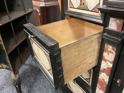 Lot 1432 - A GOOD 18TH CENTURY ITALIAN PIETRA DURA INLAID EBONISED TABLE CABINET