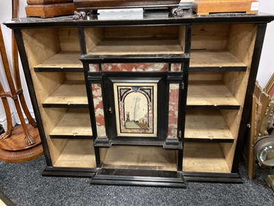 Lot 1432 - A GOOD 18TH CENTURY ITALIAN PIETRA DURA INLAID EBONISED TABLE CABINET