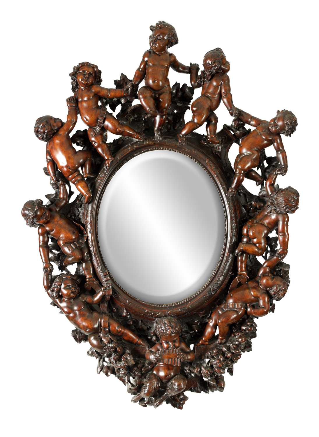 Lot 1478 - A FINE 19TH CENTURY ITALIAN CARVED WALNUT HANGING MIRROR