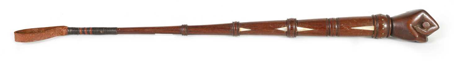 Lot 451 - A 19TH CENTURY MAHOGANY AND MOTHER OF PEARL INALID RIDING CROP