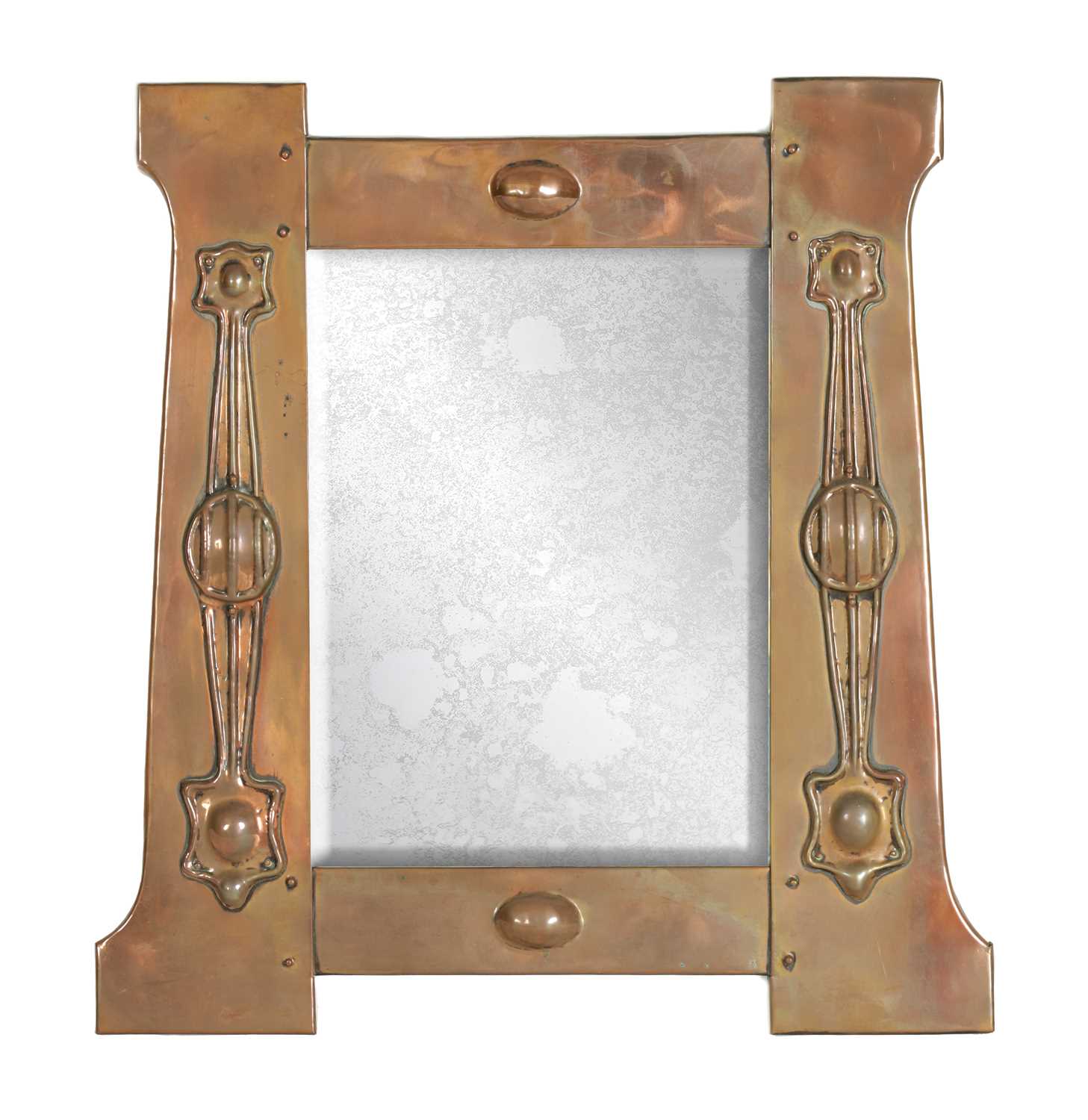 Lot 574 - AN ARTS AND CRAFTS COPPER LIBERTY STYLE HANGING MIRROR